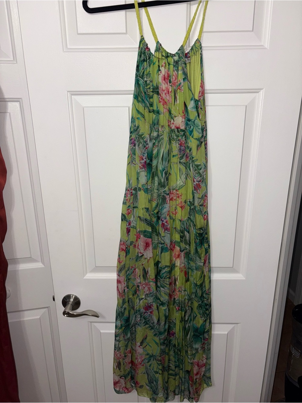 Green Tropical Print Maxi Dress with Spaghetti Straps